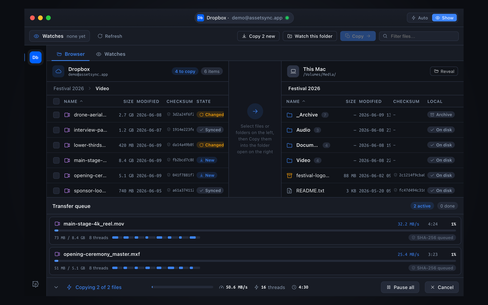 A copy in progress: multi-threaded, full-bandwidth downloads with live per-file progress and SHA-256 checksum verification.