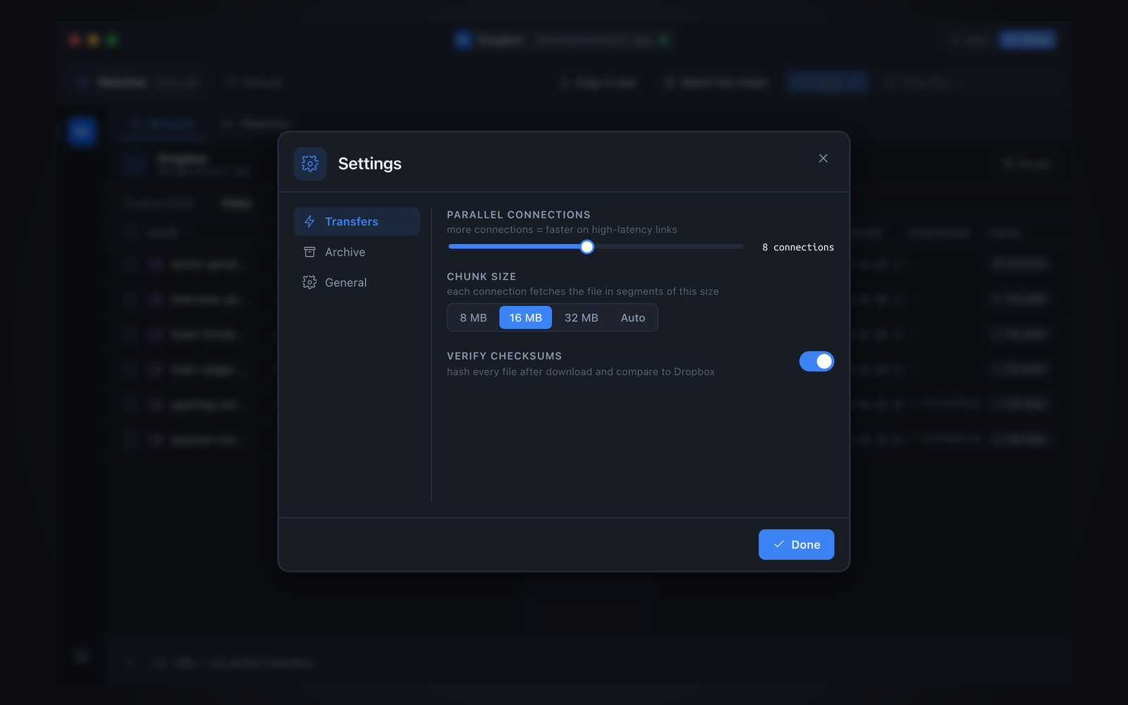 Settings: parallel connections, chunk size, and per-file checksum verification against Dropbox's content hash.